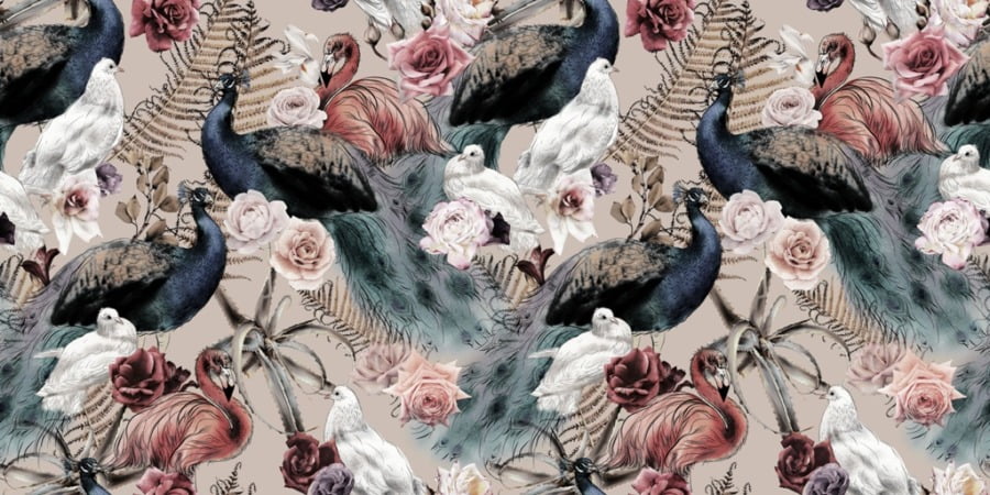 Nástěnná malba bílých holubů a pávů mezi barevnými růžemi Barevní ptáci mezi květy růží - obrázek číslo 2