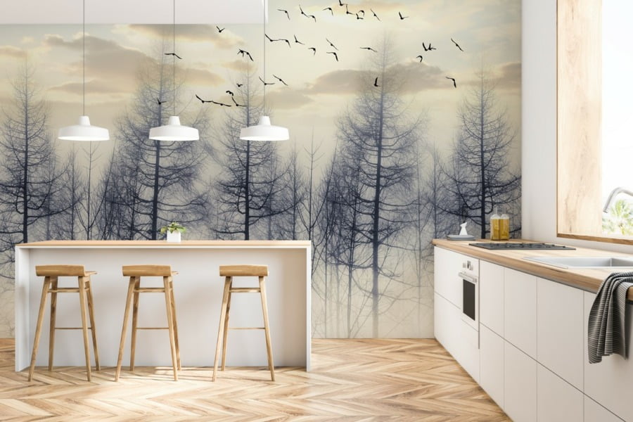 Nástěnná malba stromů a létajících ptáků v černé barvě Black Birds Over Trees - hlavní obrázek produktu