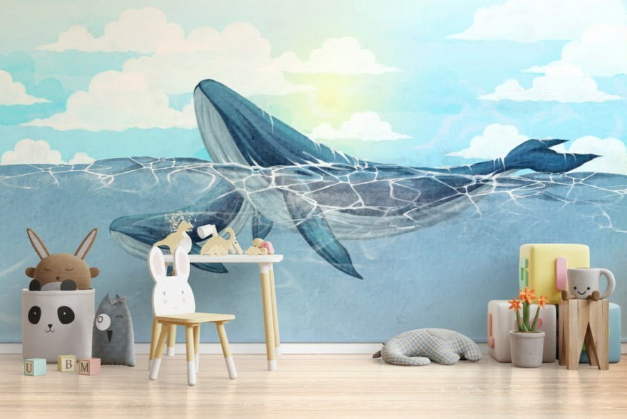 Fototapeta malé a velké velryby plovoucí v moři Two Whales For Baby - hlavní obrázek produktu