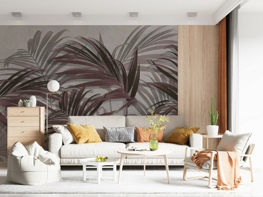 Fototapeta s vínovými palmovými listy na šedém pozadí Palmový les - hlavní obrázek produktu