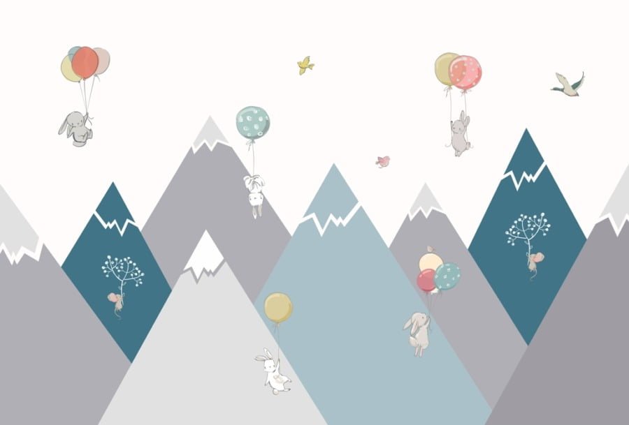Fototapeta s králíčky na balónech nad vrcholky hor Létající králíčci v horách pro dětský pokoj - obrázek číslo 2