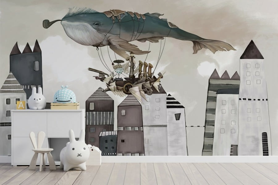 Nástěnná ilustrace velryby nad budovami Létající velryba nad městem pro dítě - hlavní obrázek produktu