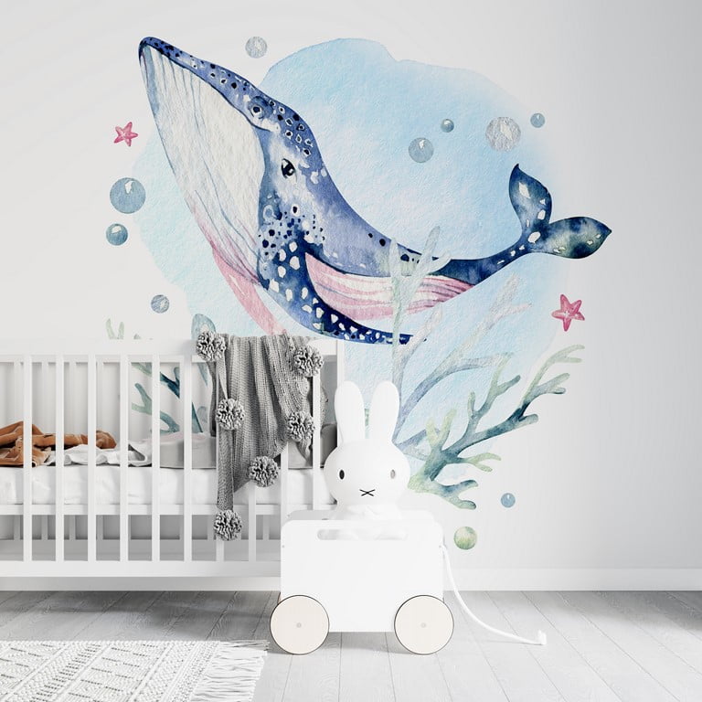Nástěnná malba modré velryby plovoucí v moři Plovoucí velryba pro dítě - hlavní obrázek produktu