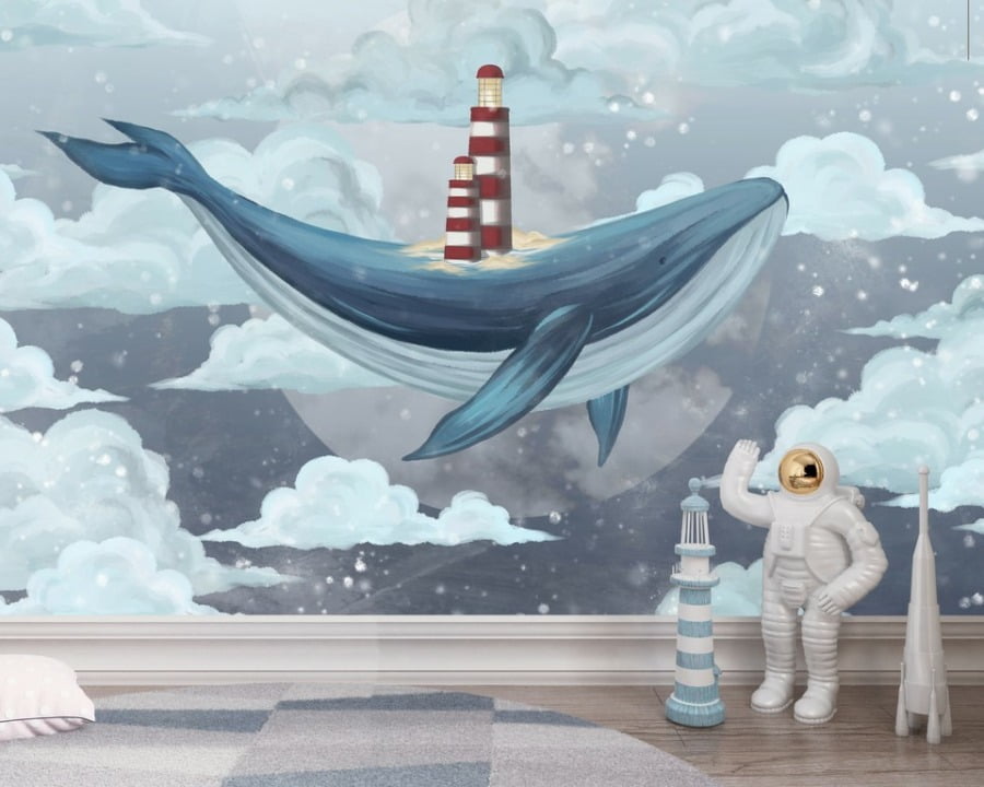 Nebeská velryba pro dětský pokoj - nástěnná malba s mořským motivem - fotografie produktu