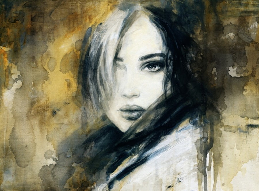Nástěnná malba dívčí tváře pokryté vlasy Portrét dívky s dlouhými vlasy - obrázek číslo 2