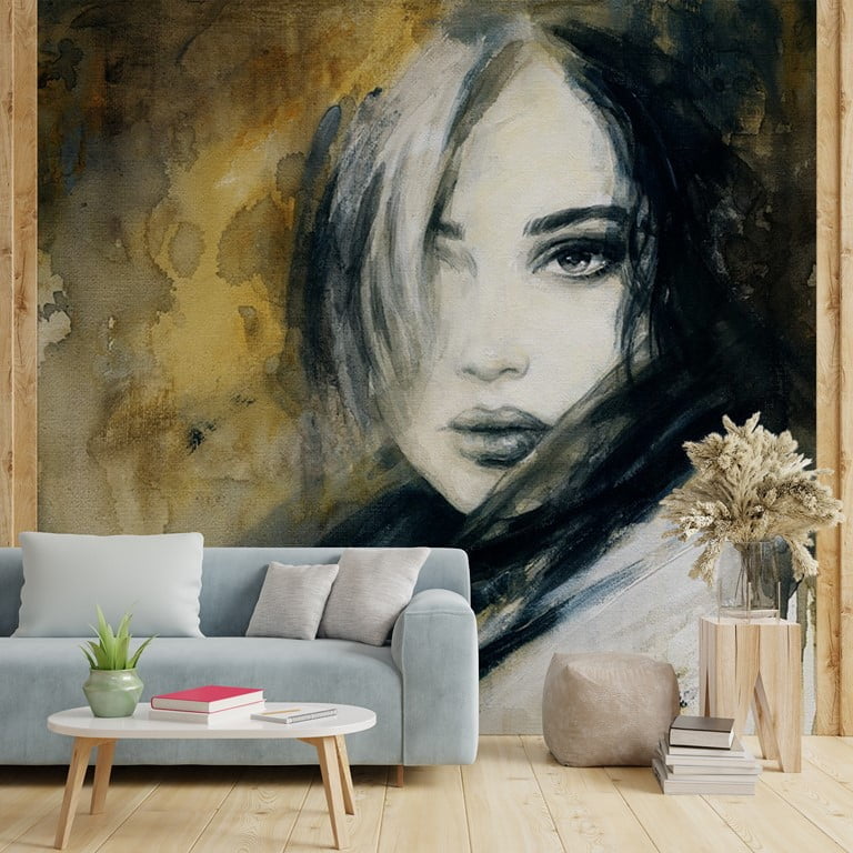 Nástěnná malba dívčí tváře pokryté vlasy Portrét dívky s dlouhými vlasy - hlavní obrázek produktu