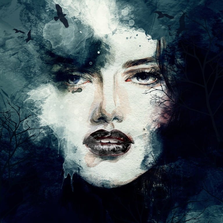 Portrétní nástěnná malba dívky s černými stromy a ptáky kolem obličeje Dívčí tvář na tmavém pozadí - obrázek číslo 2