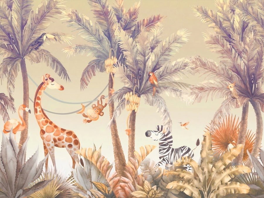 Barevná zvířata v tropech Veselá zvířata v džungli nástěnná malba pro dětský pokoj - obrázek číslo 2