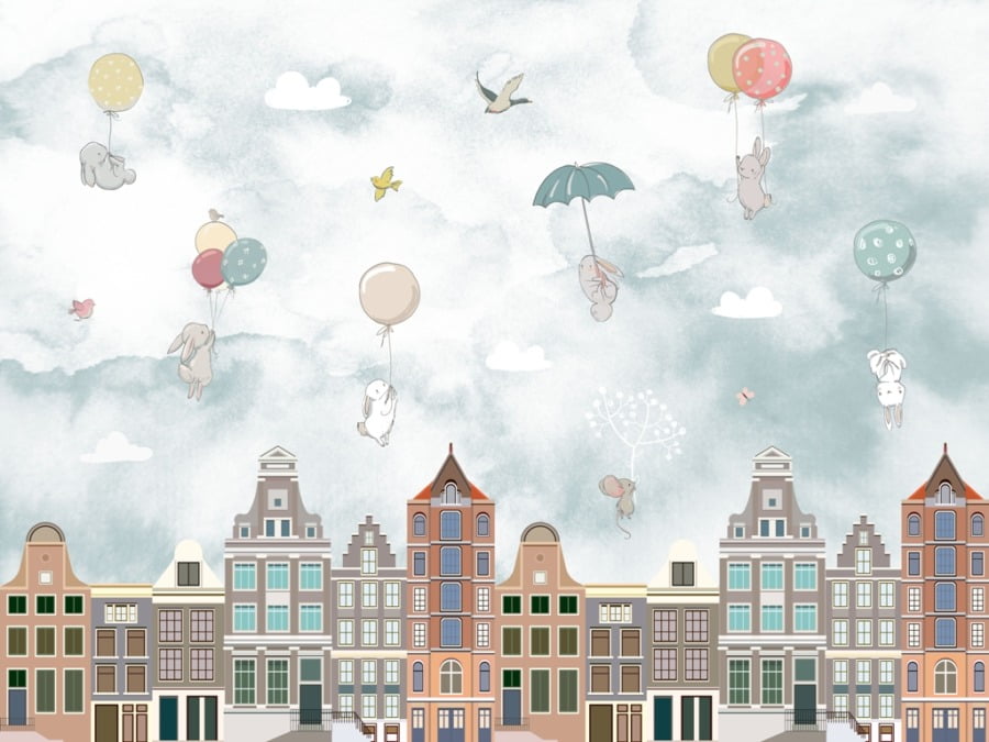 Fototapeta ze zwierzątkami, balonikami i parasolkami latającymi nad kamienicami Zwierzątka Fruwające Nad Miastem do pokoju dziecięcego - zdjęcie numer 2