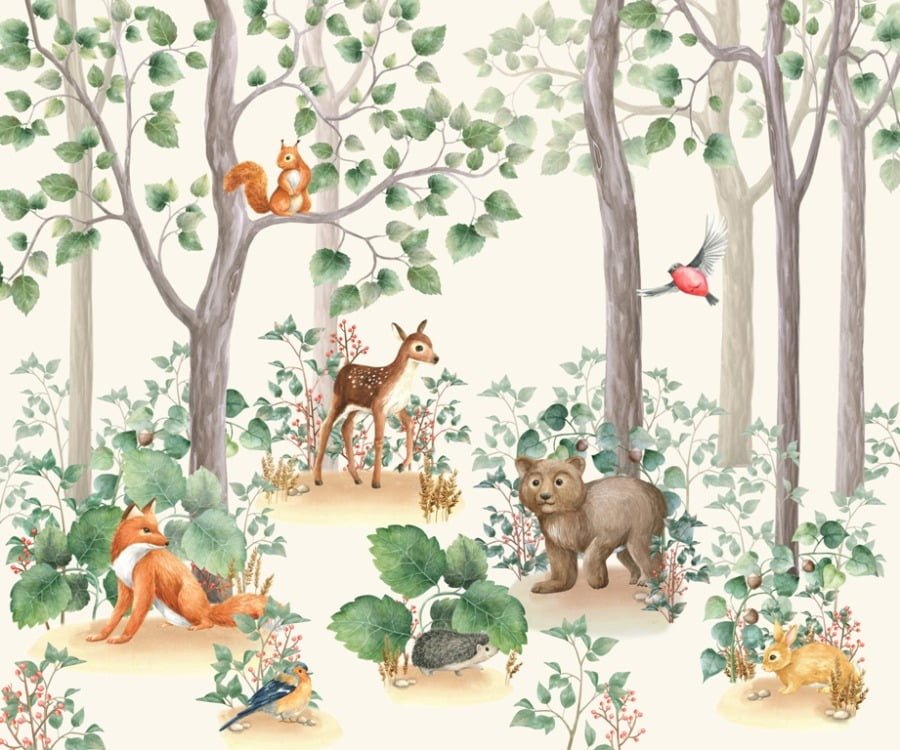 Fototapeta s veselými zvířaty v zeleném lese Lesní zvířata pro dětský pokoj - obrázek číslo 2