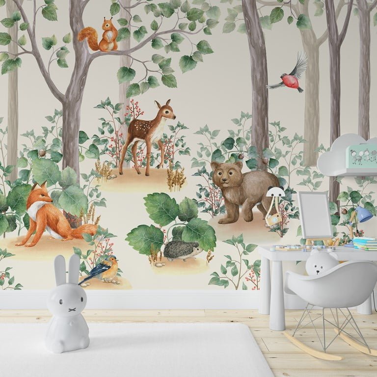 Tapeta s veselými zvířaty v zeleném lese Lesní zvířata pro dětský pokoj - hlavní obrázek produktu