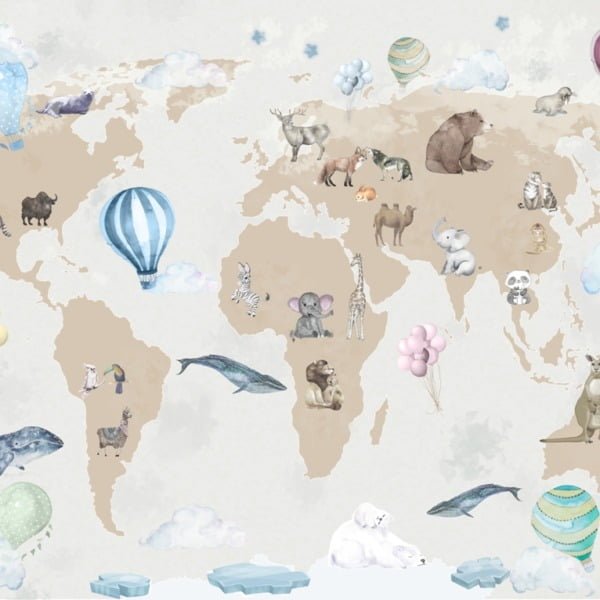 Nástěnná malba Zvířata na mapě světa
