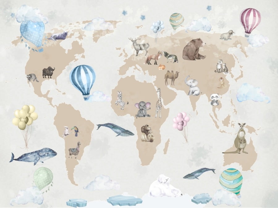 Fototapeta s barevnými zvířaty a balónky na mapě Zvířata na mapě světa pro dětský pokoj - obrázek číslo 2
