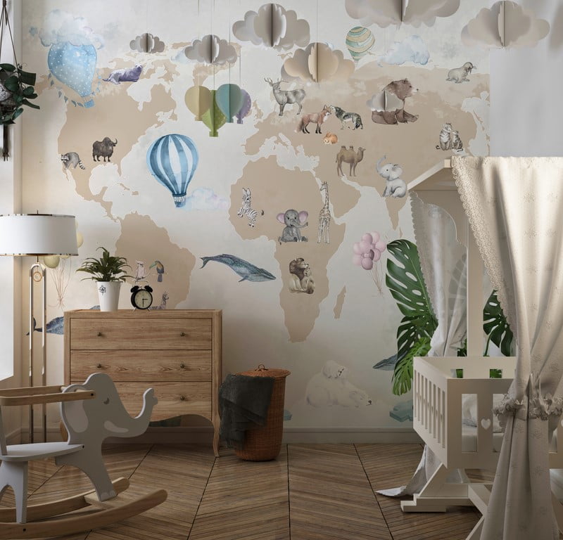 Fototapeta s barevnými zvířaty a balónky na mapě Zvířata na mapě světa do dětského pokoje - hlavní obrázek produktu
