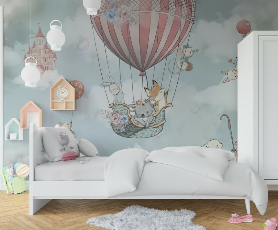 Nástěnná malba se zvířaty létajícími v oblacích Zvířata v barevném balónu pro dětský pokoj - hlavní obrázek produktu