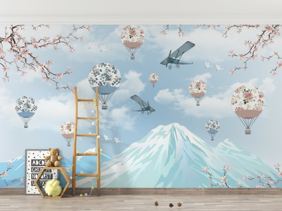 Nástěnná malba v modré barvě s horami a mraky Balóny a letadla v zemi třešňových květů pro dětský pokoj - hlavní obrázek produktu