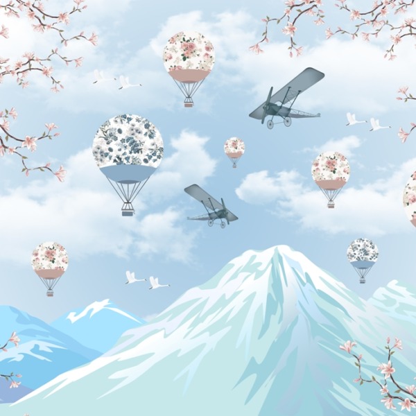 Nástěnná malba balónů a letadel v zemi třešňových květů