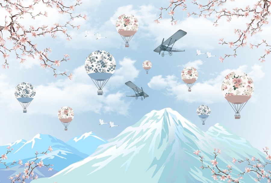 Nástěnná malba v modré barvě s horami a mraky Balóny a letadla v zemi třešňových květů pro dětský pokoj - obrázek číslo 2