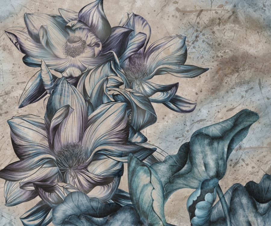 Nástěnná malba s kresbou květin na různorodém pozadí Modré velké květiny - číslo obrázku 2