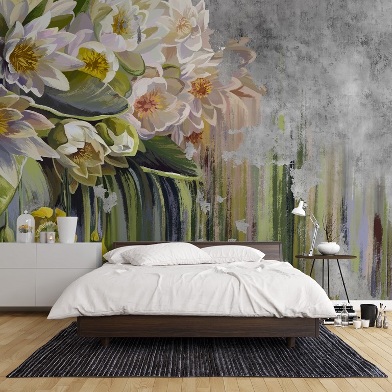 Nástěnná malba s bílými květy na šedém pozadí Kytice bílých leknínů pro ložnici - hlavní obrázek produktu