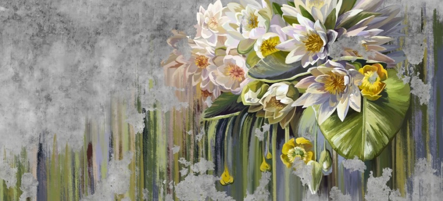 Nástěnná malba s bílými květy na šedém pozadí Kytice bílých leknínů pro ložnici - obrázek číslo 2
