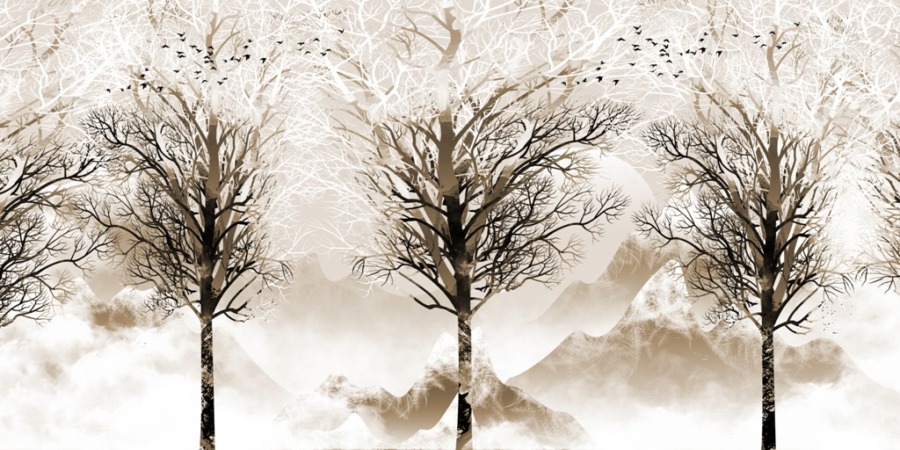Nástěnná malba stromů bez listí a létajících ptáků Dark Leafless Trees - obrázek číslo 2