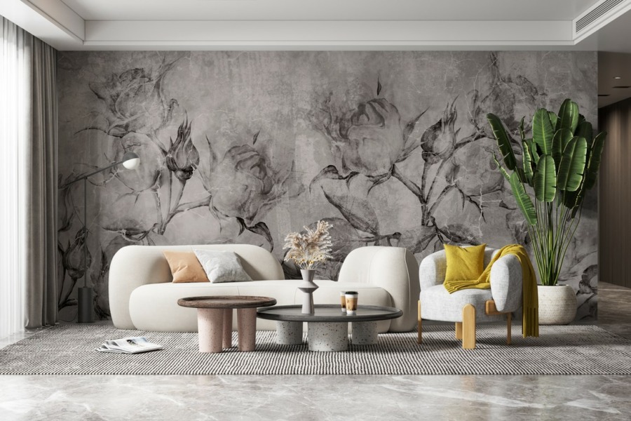 Fototapeta s květinami a popraskanou stěnou s efektem černobílých odstínů růžové pro obývací pokoj - hlavní obrázek produktu