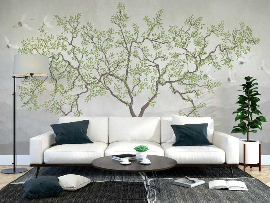 Nástěnná malba s japonským motivem stromu a odlétajících jeřábů Delicate Tree - hlavní obrázek produktu