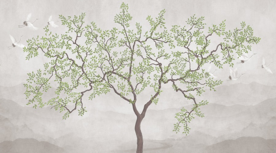 Nástěnná malba s japonským motivem stromu a odlétajících jeřábů Delicate Tree - obrázek číslo 2