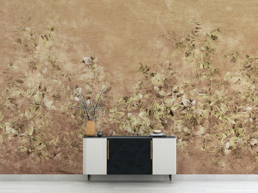 Květinová nástěnná malba na hnědém pozadí Jemné listy v teplé hnědé - hlavní obrázek produktu