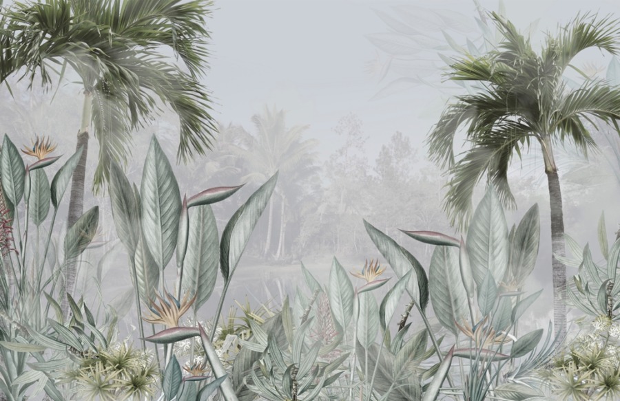 Tropické rostliny za mlhou Exotické květiny a palmy v mlze tapety pro obývací pokoj - obrázek číslo 2