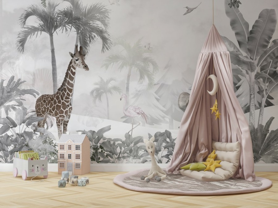 Nástěnná malba žirafy a slona v šedé a bílé barvě Exotická zvířata v mlze pro děti - hlavní obrázek produktu
