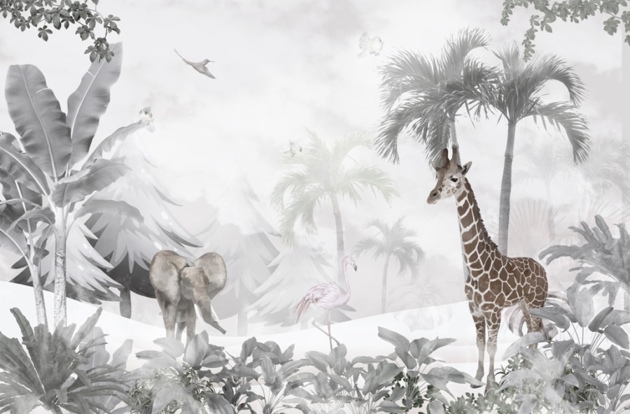 Žirafa a slon Nástěnná malba v šedé a bílé Exotická zvířata v mlze pro děti - Foto 2