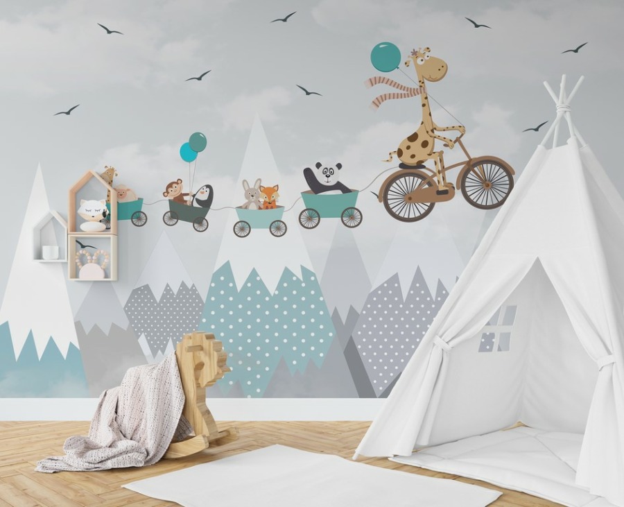 Nástěnná malba se zimní horskou krajinou a veselými zvířaty Létající horský vlak pro děti - hlavní obrázek produktu