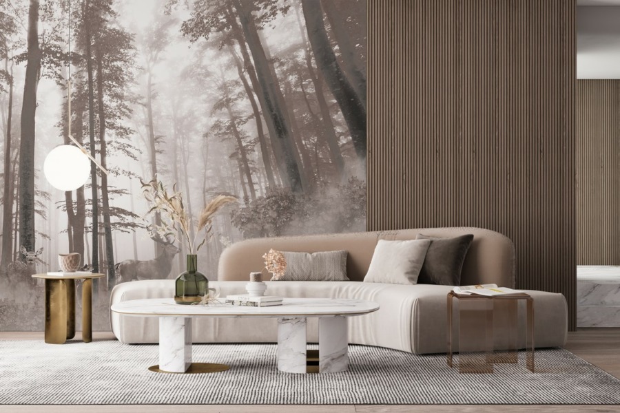 Nástěnná malba jelena v lese zahaleném mlhou Hustá lesní mlha - hlavní obrázek produktu