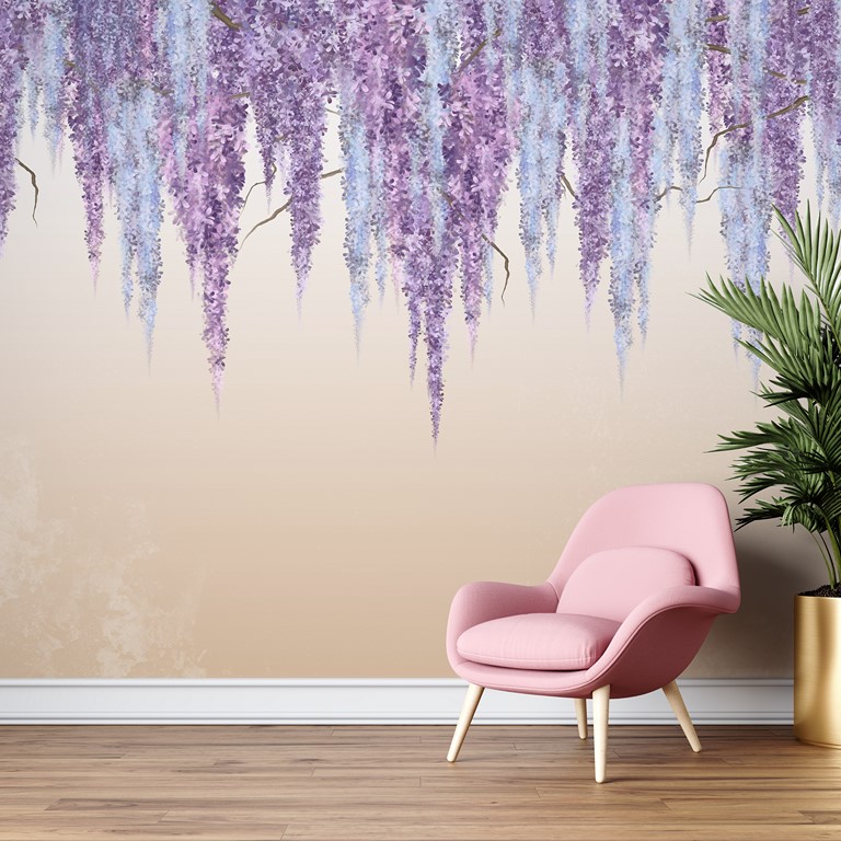Nástěnná malba s jasným květinovým motivem na béžovém pozadí Girland of Purple Flowers - hlavní obrázek produktu