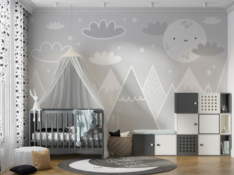 Fototapeta v tlumených šedých barvách Hory na slunci pro děti - hlavní obrázek produktu