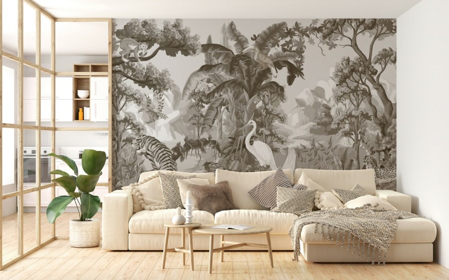 Nástěnná malba exotických rostlin a zvířat v šedé barvě Jednobarevná džungle - hlavní obrázek produktu