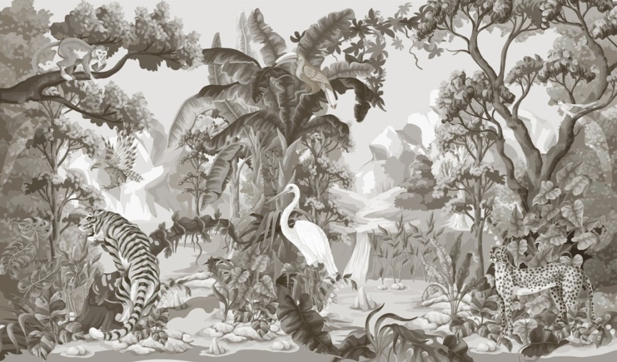 Nástěnná malba s exotickými rostlinami a zvířaty v šedé barvě Single-colour Jungle - obrázek číslo 2