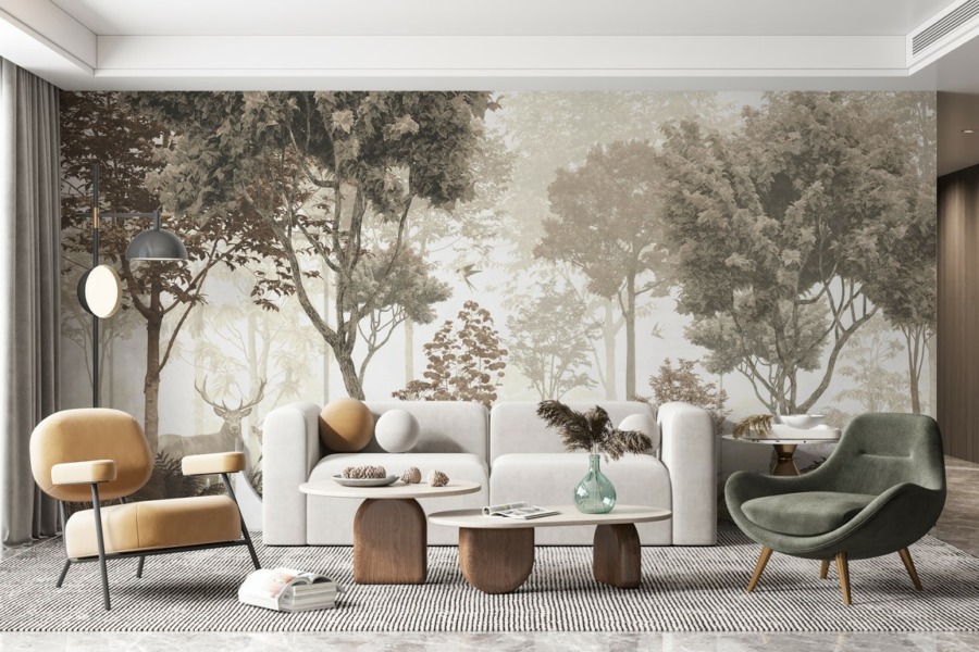Nástěnná malba divoké zvěře v lesním háji zahaleném mlhou Deer in the Dark Forest pro obývací pokoj - hlavní obrázek produktu