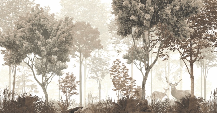 Nástěnná malba divoké zvěře v lesním háji zahaleném v mlze Jelen v temném lese do obývacího pokoje - obrázek číslo 2