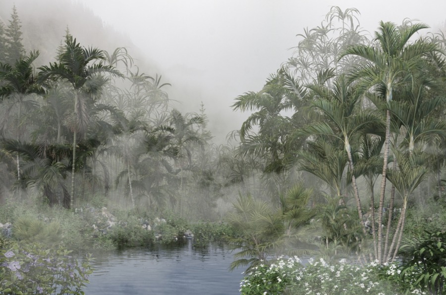 Tropická krajina nástěnná malba v mlze Jezero mezi exotickými květinami pro ložnici - obrázek číslo 2