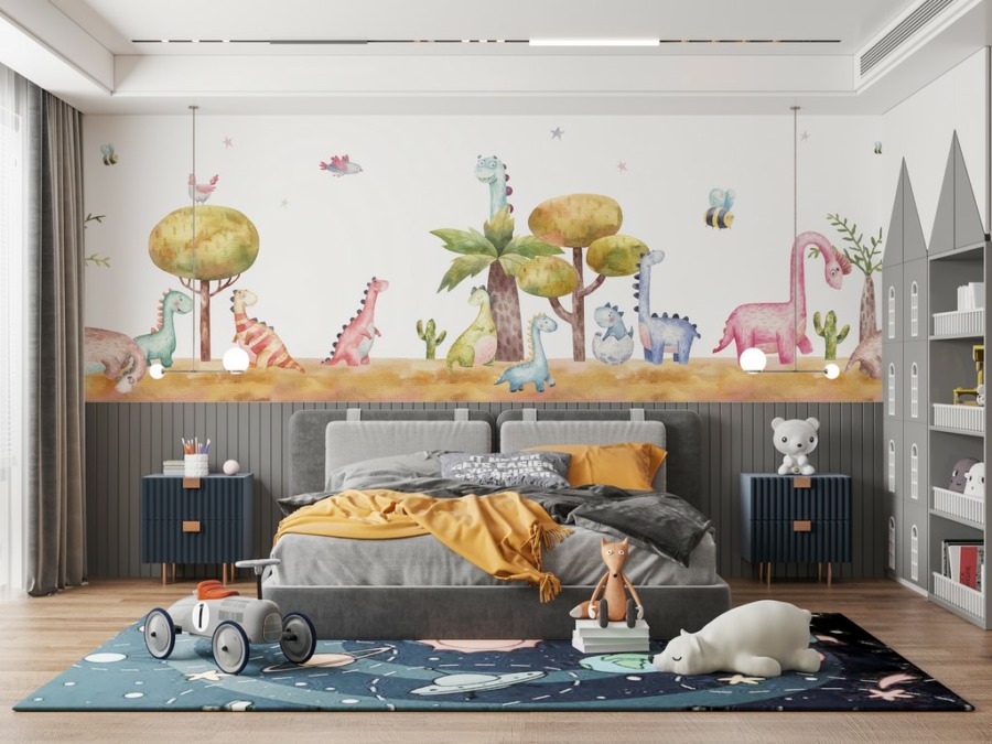 Usmívající se zvířata Barevní dinosauři nástěnná malba do dětského pokoje - hlavní obrázek produktu