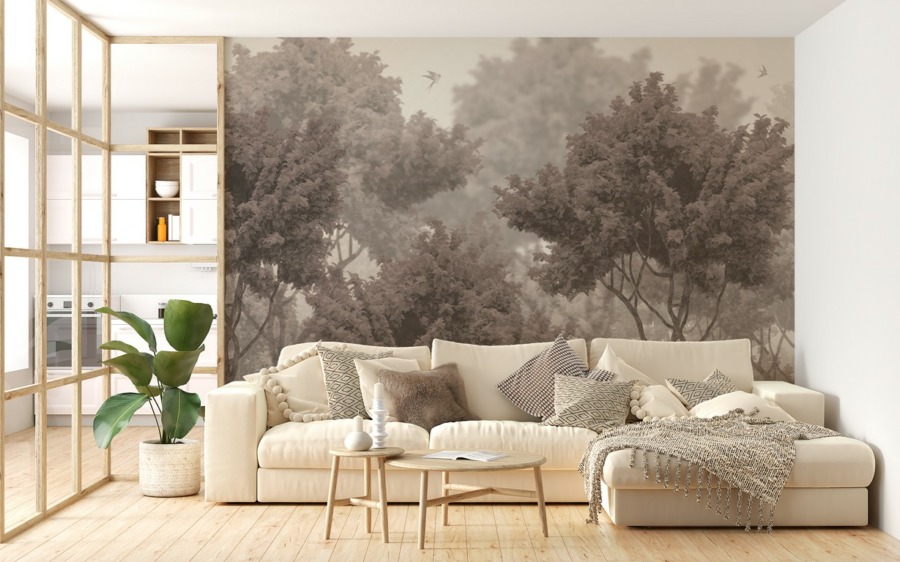 Fototapeta s prostorovou ilustrací horních listnatých stromů v odstínech čokolády Koruny stromů do obývacího pokoje - hlavní obrázek produktu
