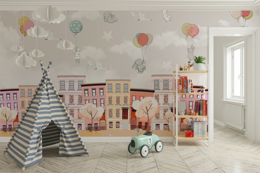 Nástěnná malba se zvířaty létajícími na balónech nad vysokými městskými domy Bunnies Above the Pink City pro děti - hlavní obrázek produktu