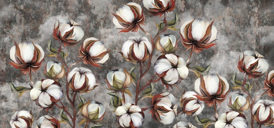Fototapeta z bielą kwiatów i brązem łodyg na szarym tle Kwiaty Bawełny - zdjęcie numer 2