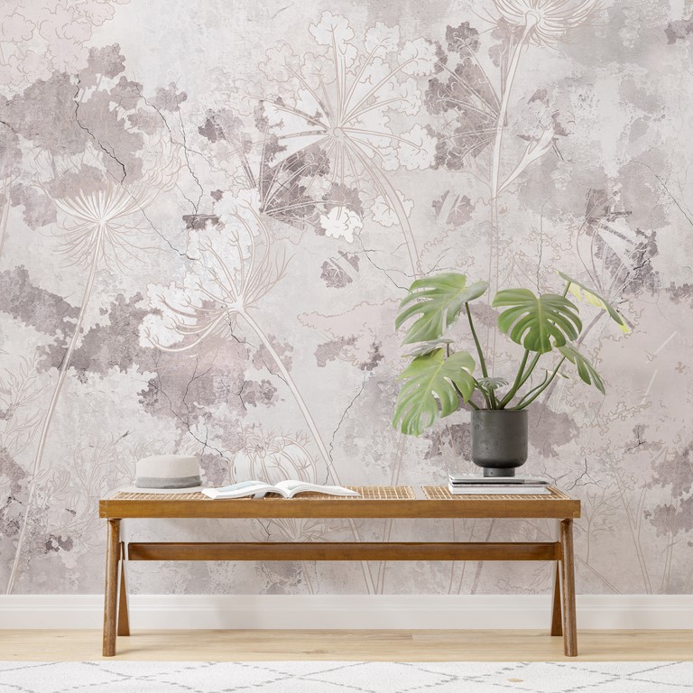 Fototapeta s šedou popraskanou stěnou a jemným květinovým motivem Flowers On Grey Wall - hlavní obrázek produktu