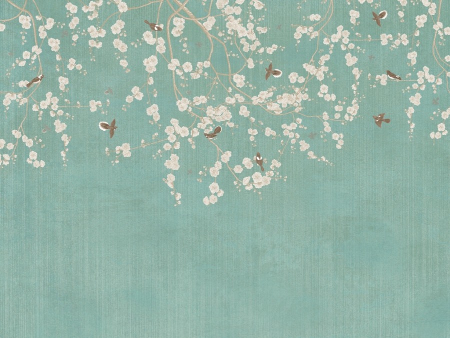 Nástěnná malba s kvetoucími větvičkami, malými ptáky na nejednotném pozadí Kvetoucí v bílé barvě na nebarevném pozadí - obrázek číslo 2