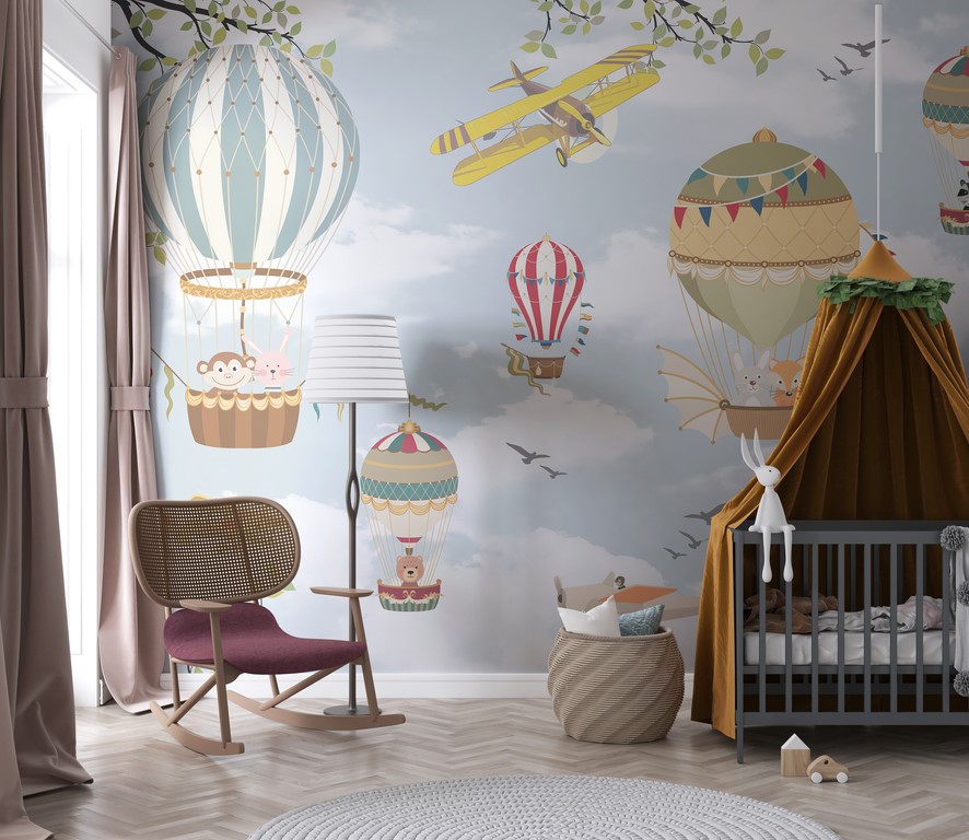 Tapety s barevnými balónky a letadly Létající zvířata mezi mraky pro děti - hlavní obrázek produktu