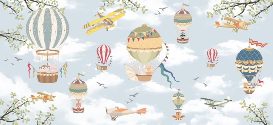 Fototapeta s barevnými balóny a letadly Létající zvířata mezi mraky pro děti - obrázek číslo 2